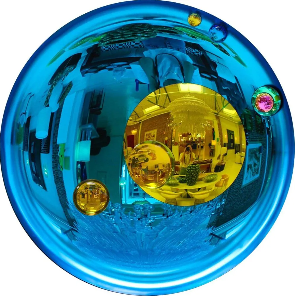 Miroir concave sculptural moderne français - Art mural fait main en verre bleu