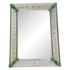 Miroir contemporain en verre de Murano italien avec accents floraux verts élégant