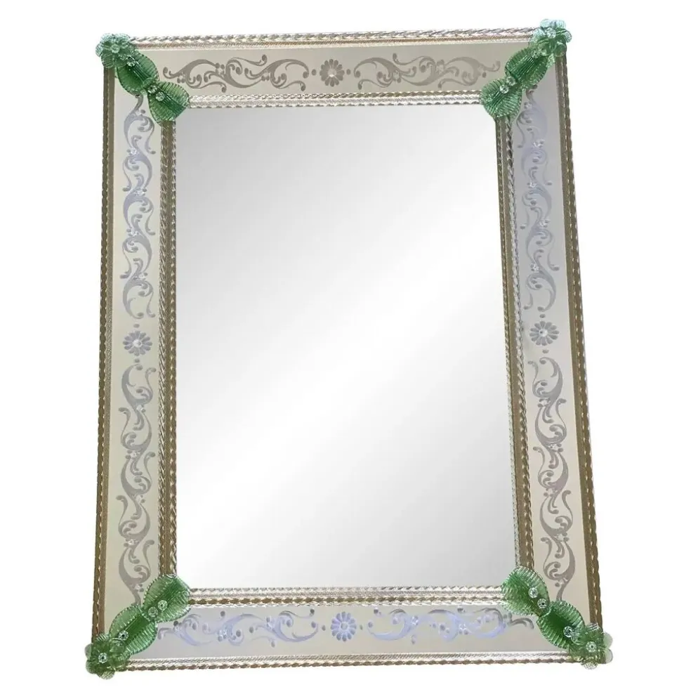Miroir contemporain en verre de Murano italien avec accents floraux verts élégant