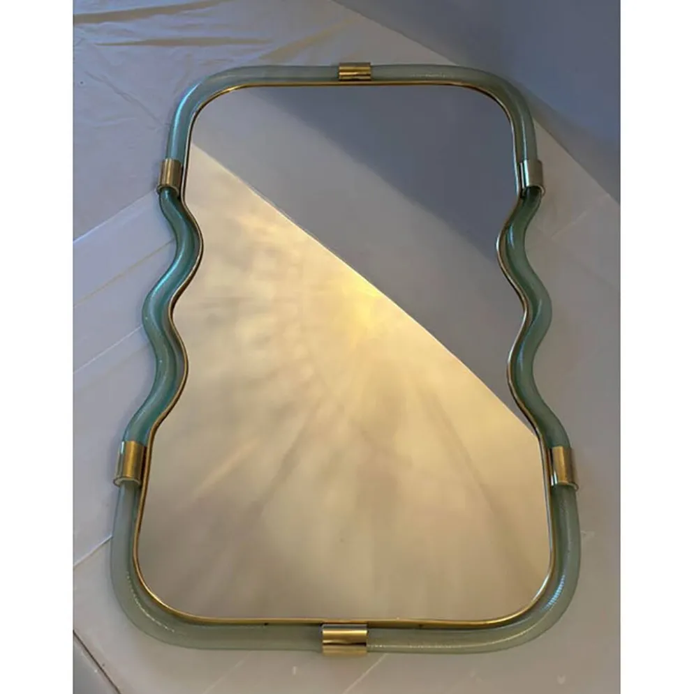 Miroir Contemporain Wave en Vert et Or "Torchon" Torciglione Murano Sty