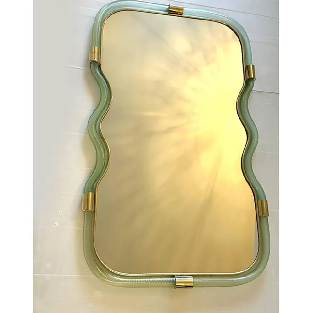 Miroir Contemporain Wave en Vert et Or "Torchon" Torciglione Murano Sty