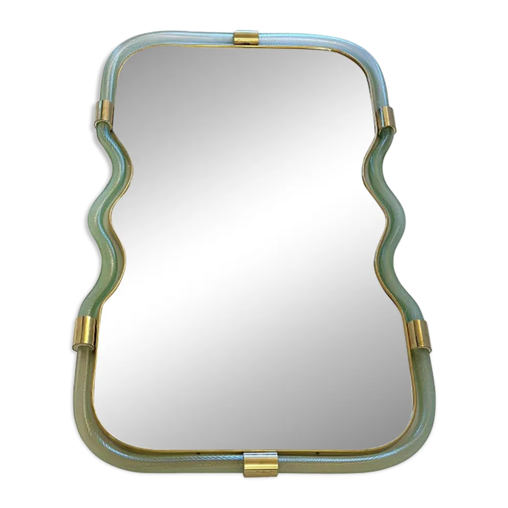 Miroir Contemporain Wave en Vert et Or "Torchon" Torciglione Murano Sty