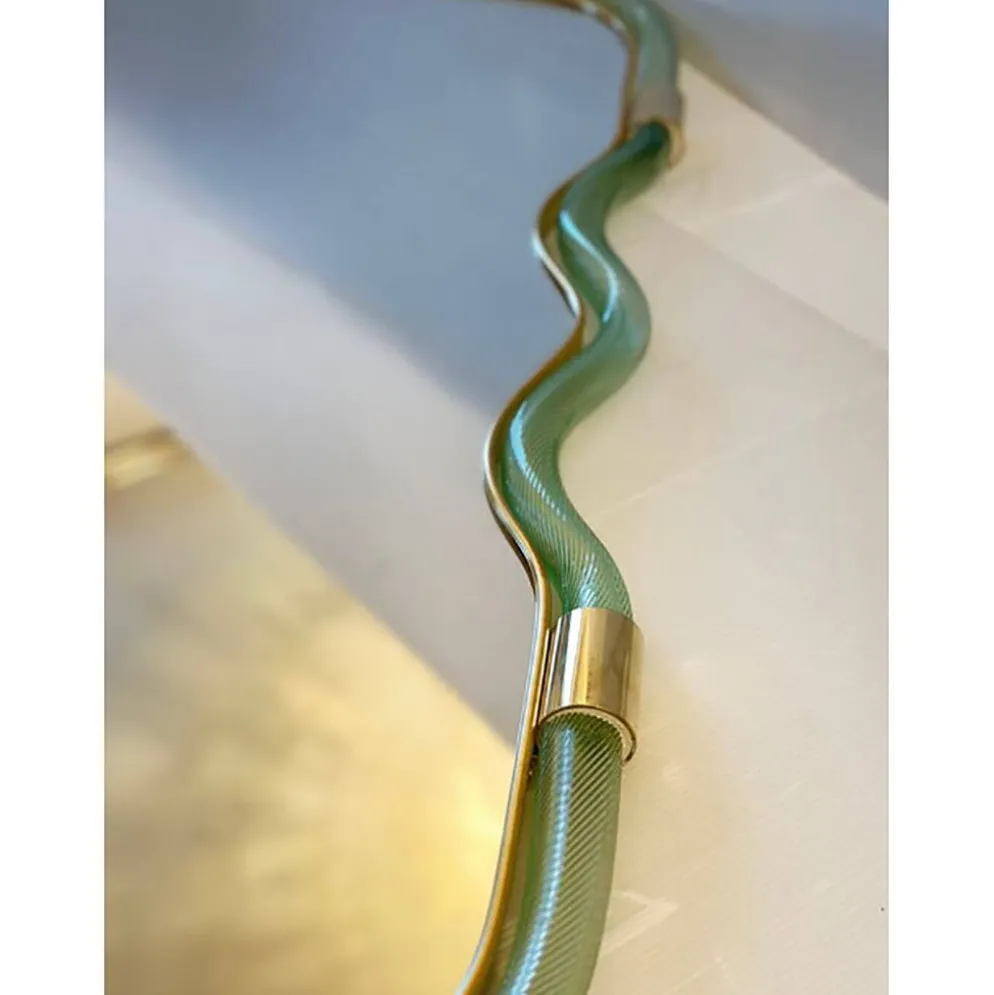 Miroir Contemporain Wave en Vert et Or "Torchon" Torciglione Murano Sty