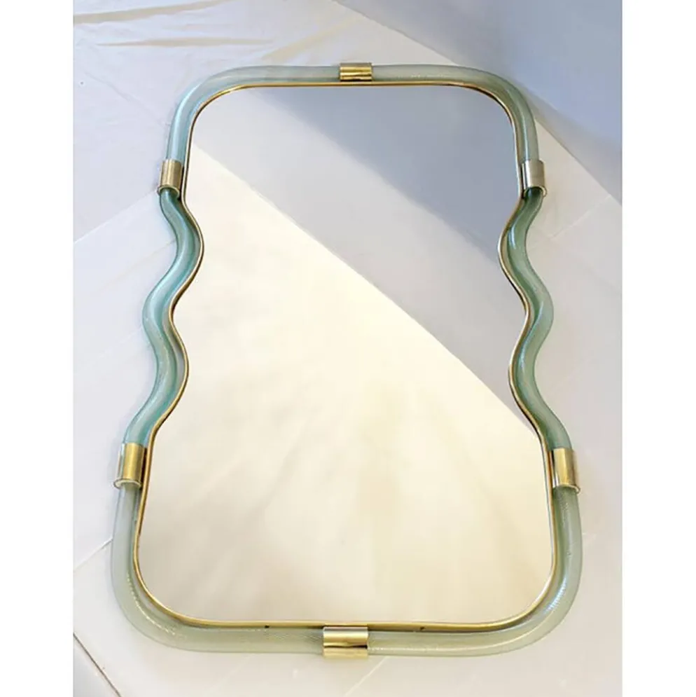 Miroir Contemporain Wave en Vert et Or "Torchon" Torciglione Murano Sty