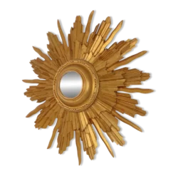 Miroir convexe en bois vintage en forme de soleil, doré, 46 cm