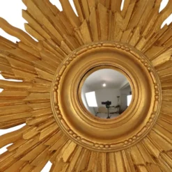 Miroir convexe en bois vintage en forme de soleil, doré, 46 cm