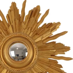 Miroir convexe en bois vintage en forme de soleil, doré, 46 cm