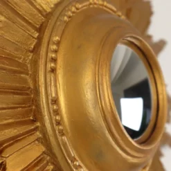 Miroir convexe en bois vintage en forme de soleil, doré, 46 cm