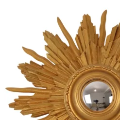Miroir convexe en bois vintage en forme de soleil, doré, 46 cm