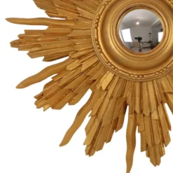 Miroir convexe en bois vintage en forme de soleil, doré, 46 cm