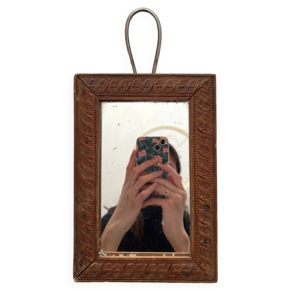 Miroir de barbier ancien verre mercure et cadre en bois sculpté
