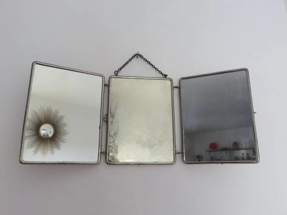 Miroir de barbier triptyque à chainette avec fermoir années 30 40