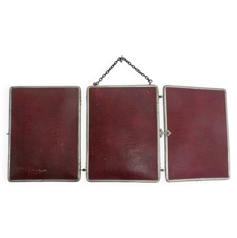 Miroir de barbier triptyque à chainette avec fermoir années 30 40
