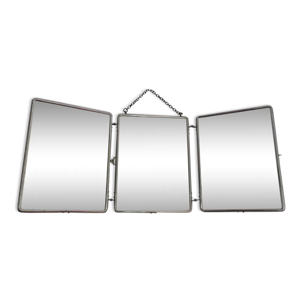 Miroir de barbier triptyque à chainette avec fermoir années 30 40