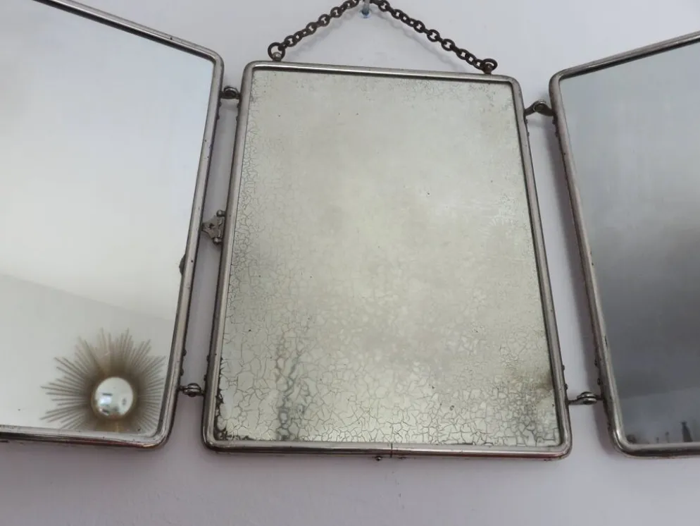 Miroir de barbier triptyque à chainette avec fermoir années 30 40