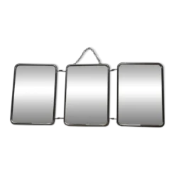 Miroir de barbier triptyque métal chromé simili cuir crème chaînette vintage