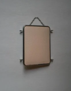 Miroir de barbier triptyque métal chromé simili cuir crème chaînette vintage