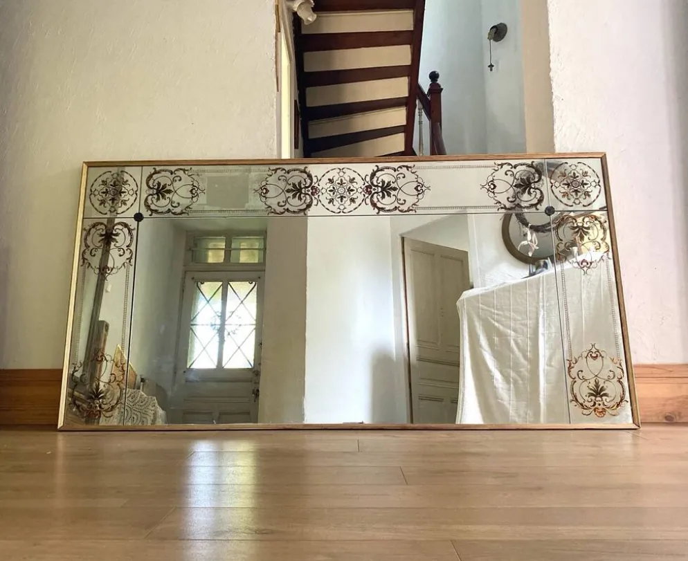 Miroir de bistrot - brasserie ancien en verre églomisé 202 x 102