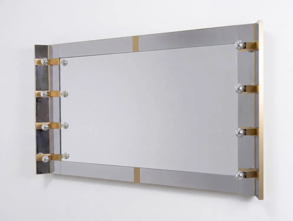 Miroir de maquillage éclairé par Gaetano Sciolari en chrome et laiton, Italie, années 1970