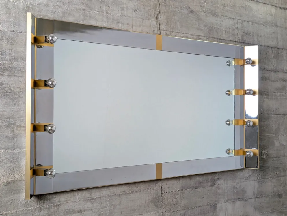 Miroir de maquillage éclairé par Gaetano Sciolari en chrome et laiton, Italie, années 1970