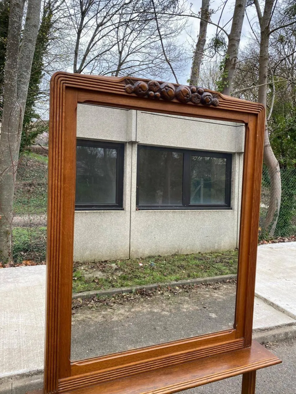 Miroir d'entrée art déco 1950 en chêne massif console
