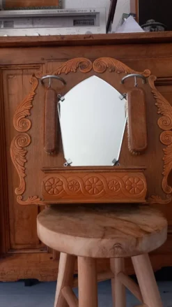 Miroir d'entrée vintage en chêne et ses brosses - années 40 / 50