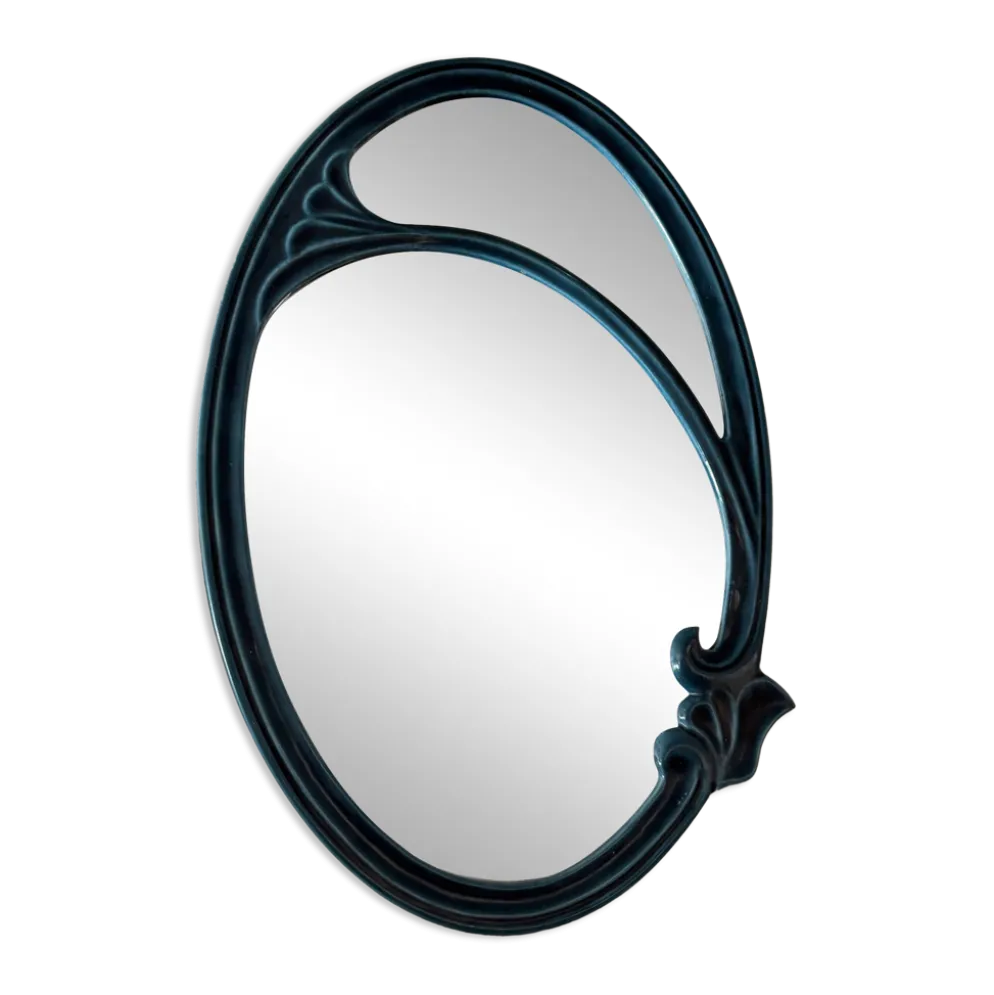 Miroir de style Art Nouveau en fonte émaillée vert impérial – Circa 1980
