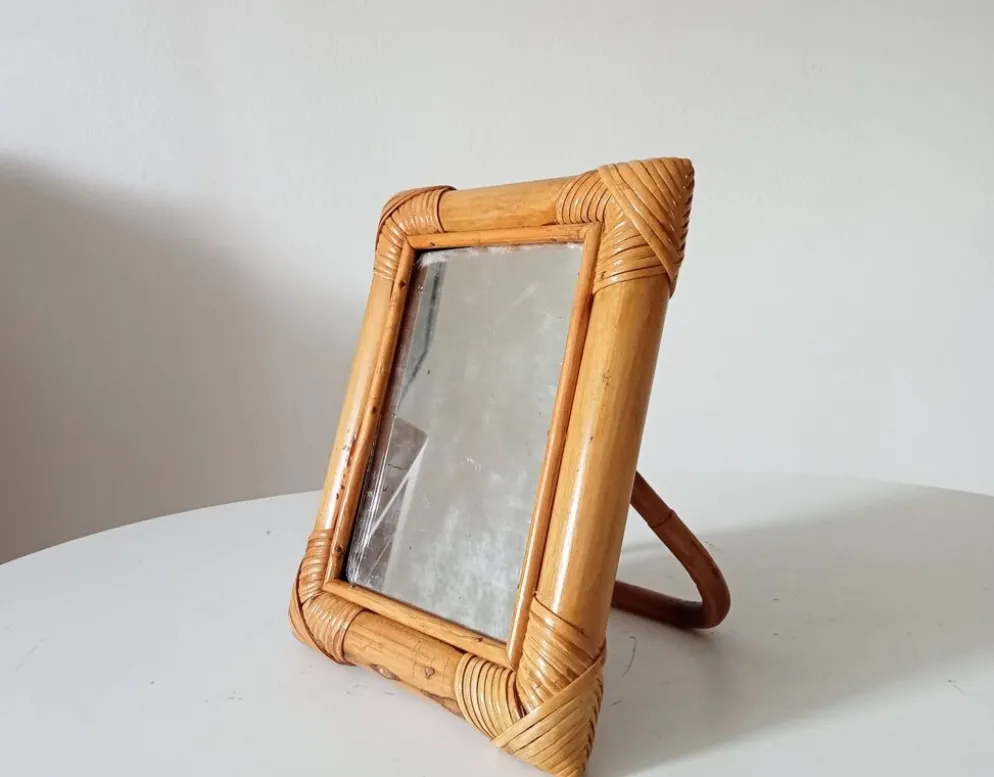 Miroir de table vintage en rotin années 70