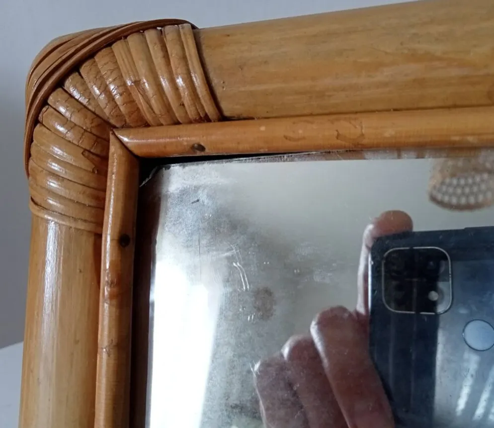 Miroir de table vintage en rotin années 70