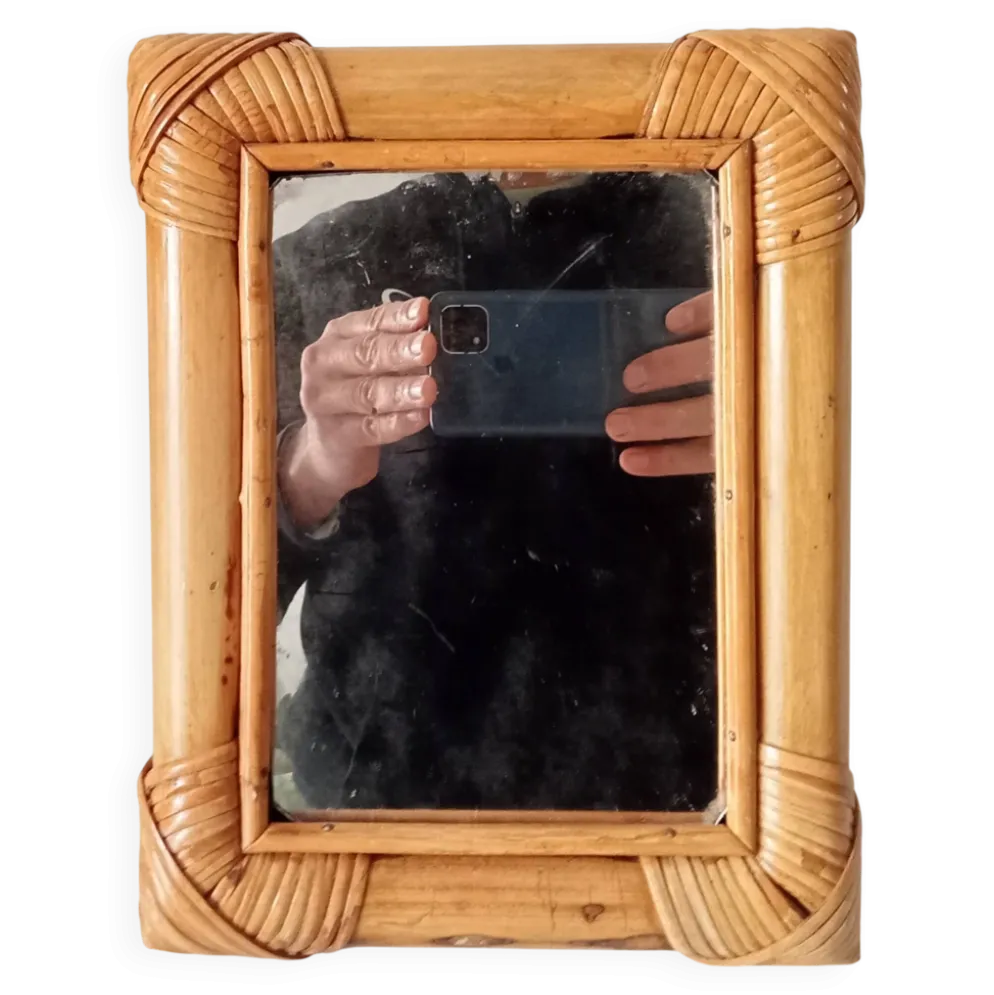 Miroir de table vintage en rotin années 70