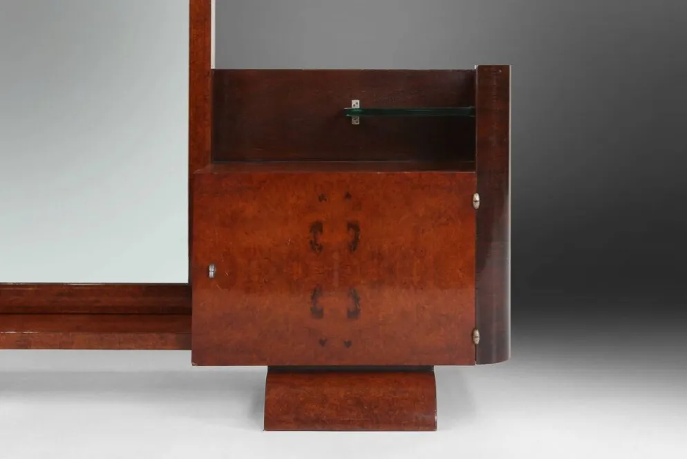 Miroir de toilette Art Déco par De Coene en placage de noyer, Belgique années 1930