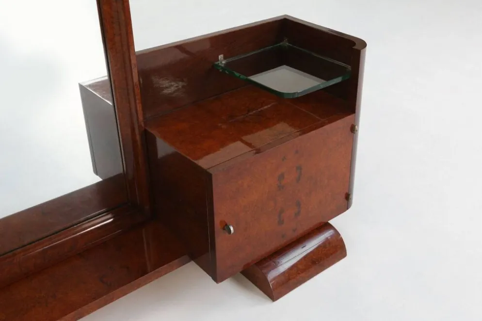 Miroir de toilette Art Déco par De Coene en placage de noyer, Belgique années 1930