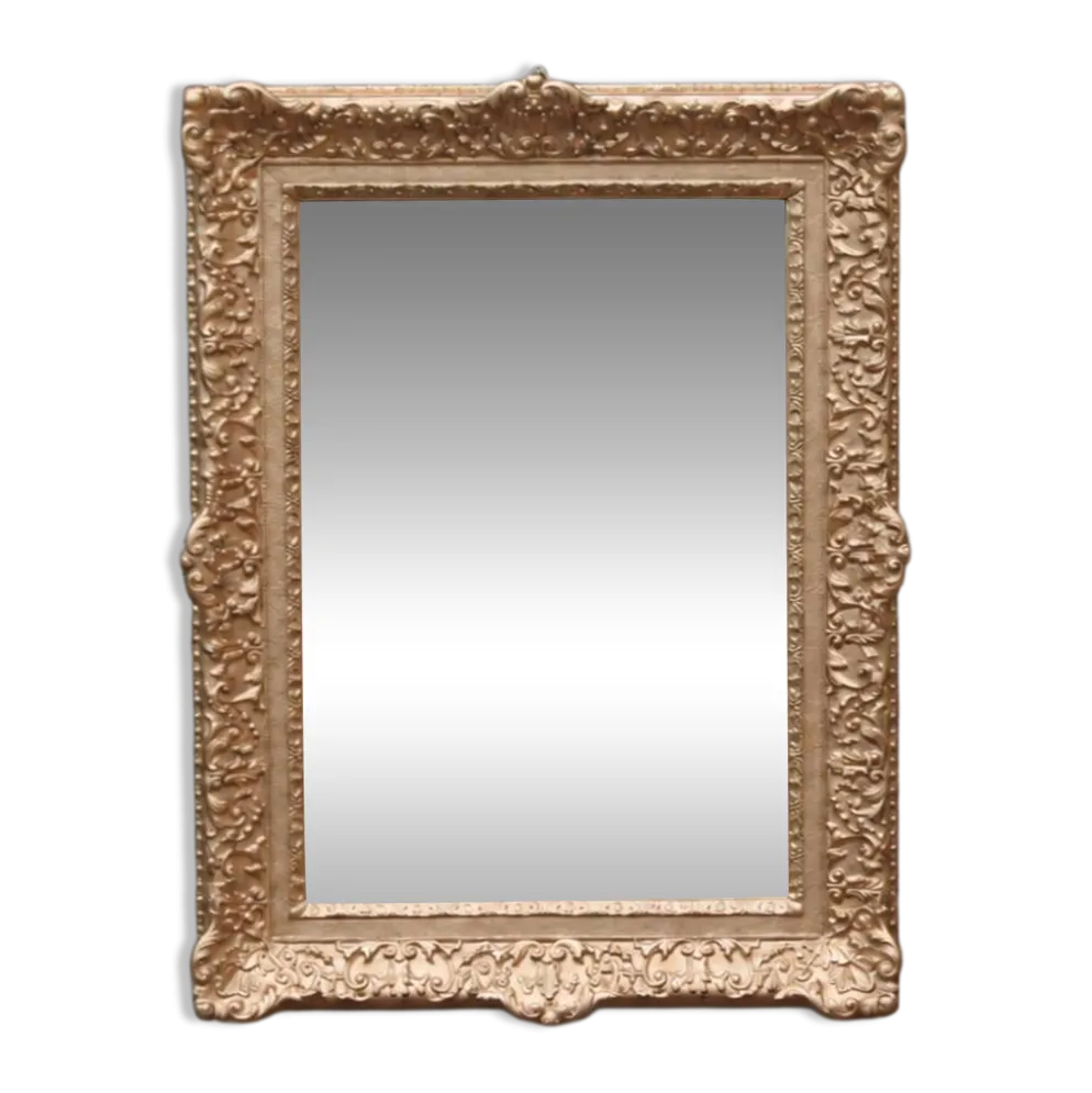 Miroir doré vintage en bois et stuc, décor rocaille – 72 × 54 cm