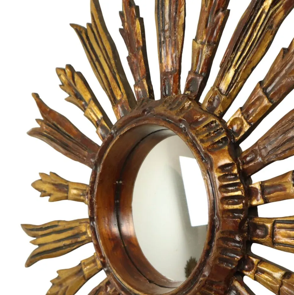 Miroir en bois vintage en forme de soleil, rayons dorés, années 50, 52 cm