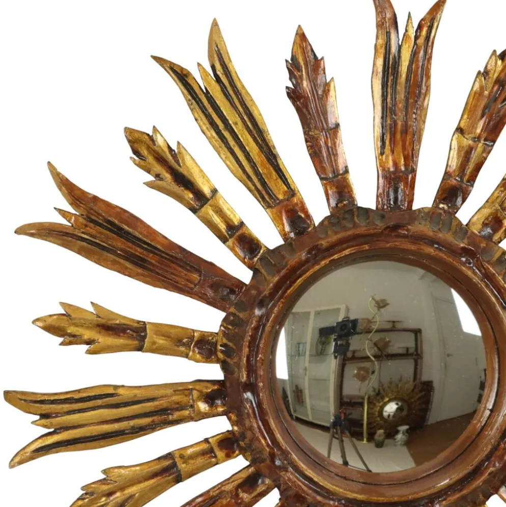 Miroir en bois vintage en forme de soleil, rayons dorés, années 50, 52 cm