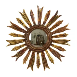 Miroir en bois vintage en forme de soleil, rayons dorés, années 50, 52 cm