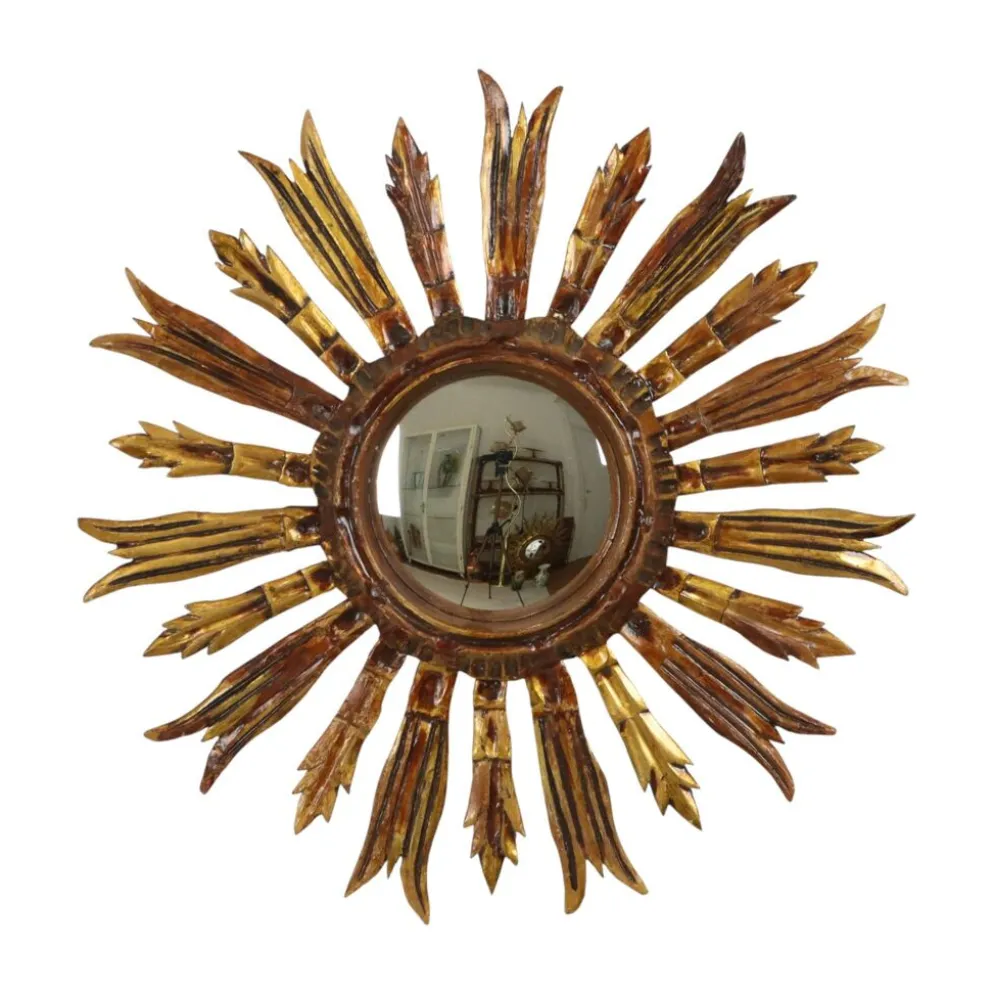 Miroir en bois vintage en forme de soleil, rayons dorés, années 50, 52 cm