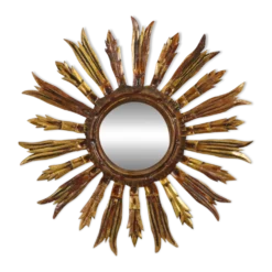 Miroir en bois vintage en forme de soleil, rayons dorés, années 50, 52 cm