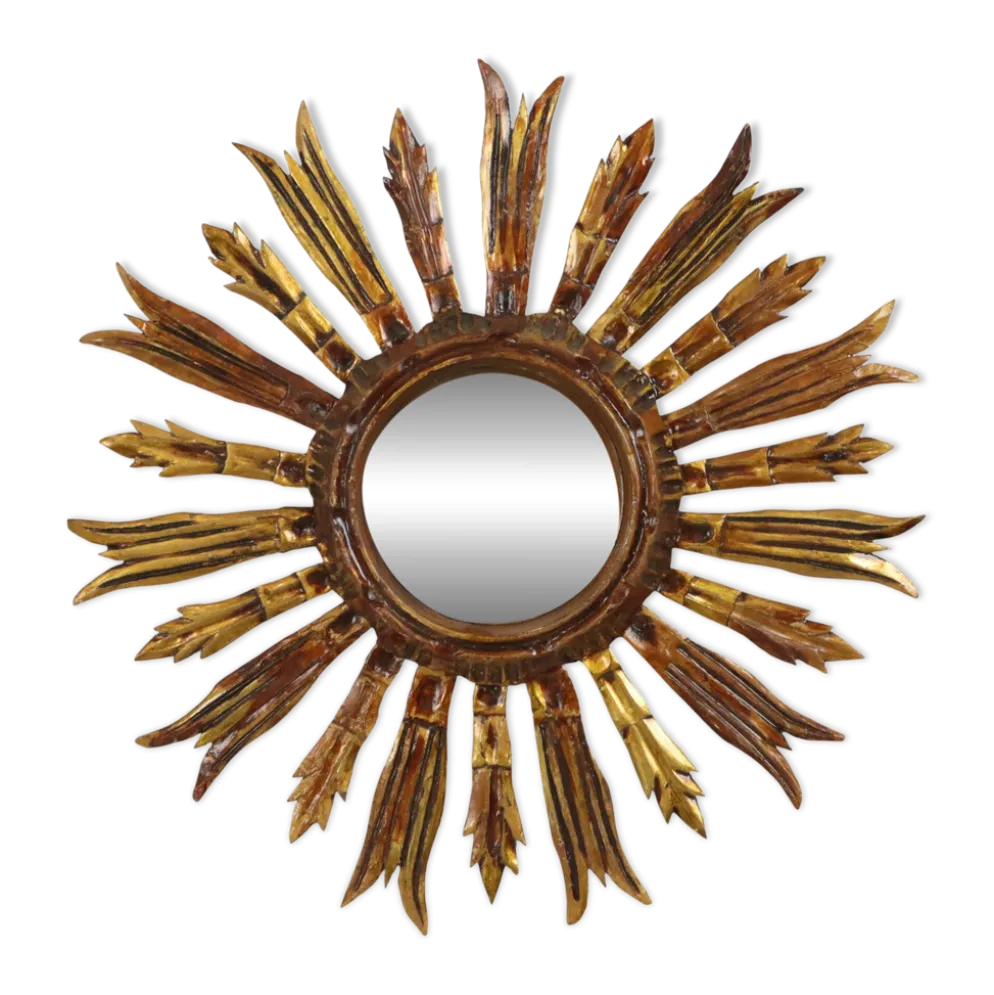 Miroir en bois vintage en forme de soleil, rayons dorés, années 50, 52 cm