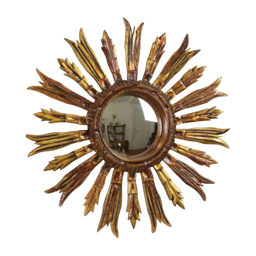 Miroir en bois vintage en forme de soleil, rayons dorés, années 50, 52 cm
