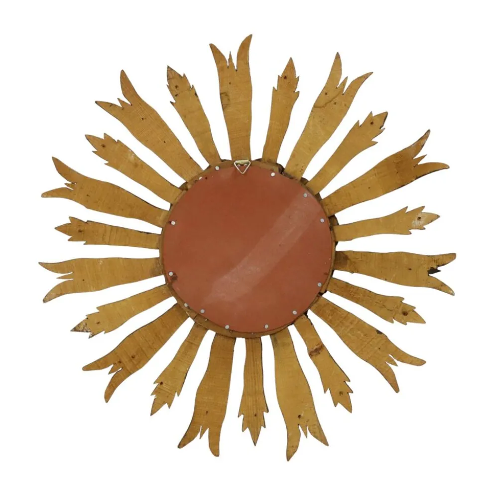 Miroir en bois vintage en forme de soleil, rayons dorés, années 50, 52 cm