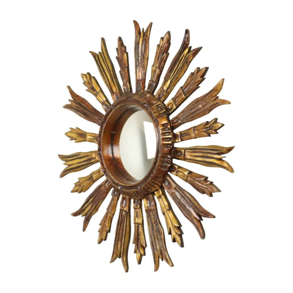Miroir en bois vintage en forme de soleil, rayons dorés, années 50, 52 cm
