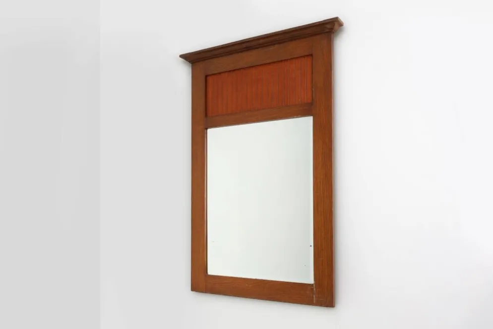 Miroir en chêne Art Déco français avec panneau cannelé, vers 1930