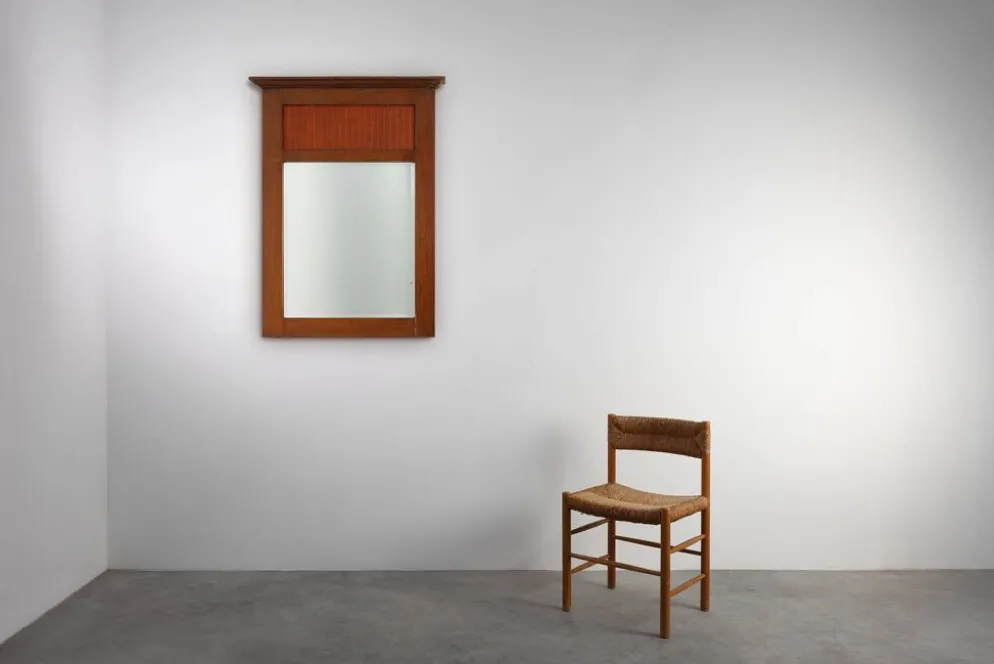 Miroir en chêne Art Déco français avec panneau cannelé, vers 1930