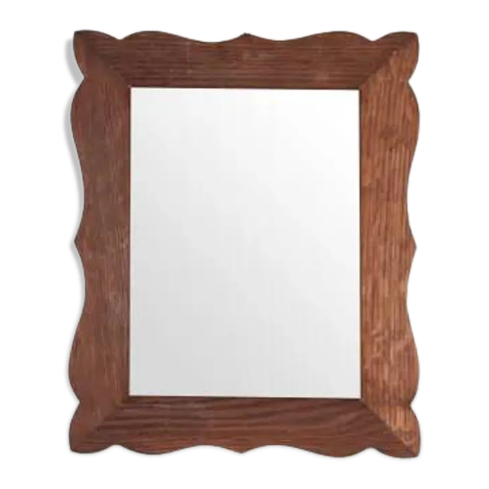 Miroir en chêne vintage des années 1970 avec cadre ondulé en forme de coquille.