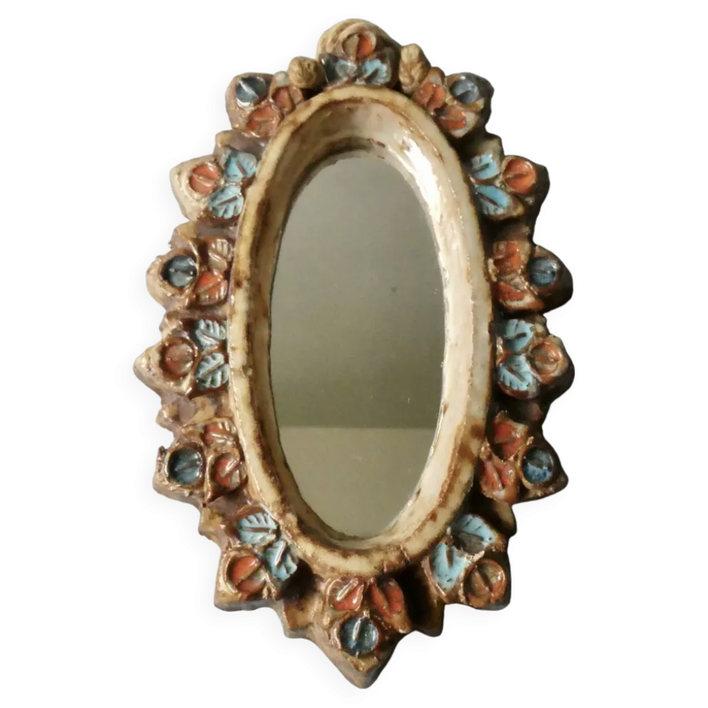 Miroir en céramique, fleurs émaillées, Vallauris