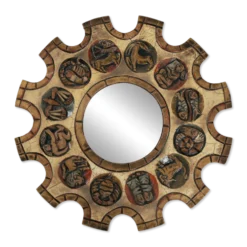 Miroir en forme de soleil du zodiaque espagnol avec cadre en bois doré sculpté rouge, Arnolfini, années 1950.