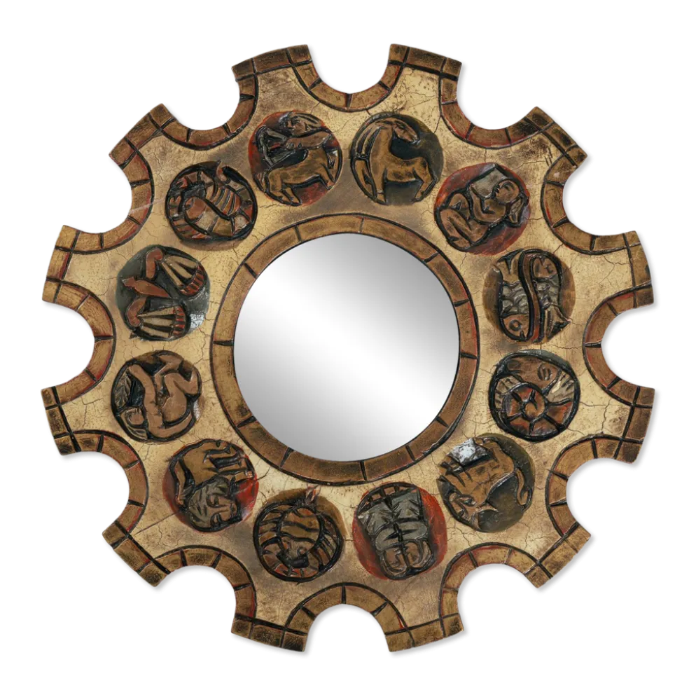 Miroir en forme de soleil du zodiaque espagnol avec cadre en bois doré sculpté rouge, Arnolfini, années 1950.