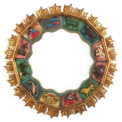 Miroir en forme de soleil du zodiaque espagnol avec cadre en bois doré sculpté rouge, Arnolfini, années 1950.