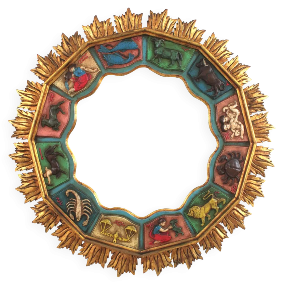 Miroir en forme de soleil du zodiaque espagnol avec cadre en bois doré sculpté rouge, Arnolfini, années 1950.